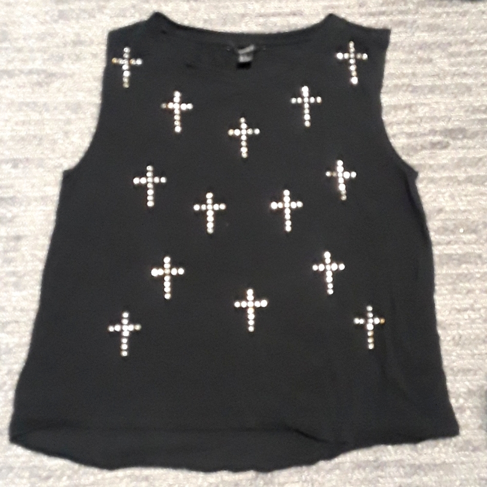Box-style Black Tank with Jewled Cross detailing